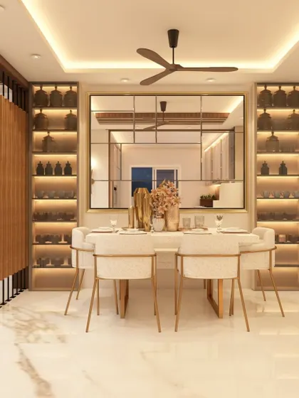 This formal dining space is designed for sophisticated entertaining, featuring illuminated display cabinets and a large, reflective mirror to enhance the sense of space. The wooden slat partition provides a subtle separation from the living area while maintaining an open, connected feel.