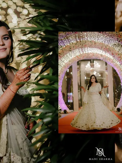 A collage showing the bride's grand entrance and other portraits from her engagement.