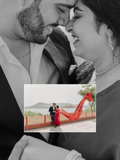 A beautiful double-exposure collage, layering a joyful close-up over a wide, cinematic shot of the bride's flowing red saree.