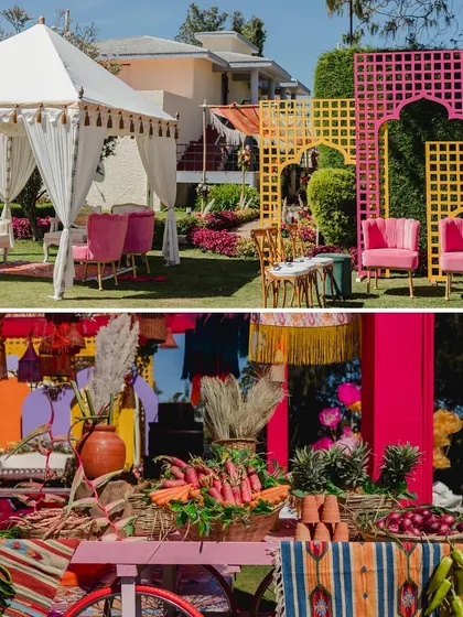 More glimpses of the Souk-themed decor, including canopies, lounge areas, and a cart filled with fresh produce.