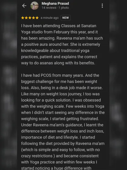A Google review from a student with PCOS who was frustrated with not seeing results on the scale. She explains how my guidance helped her understand the process and see a huge difference.