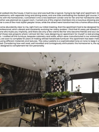 A stunning shot of the dining room from the Elle Decor feature, showcasing the 'Hybrid Table', 'Campaigning Chairs', and the unique Bocci ceiling lights.