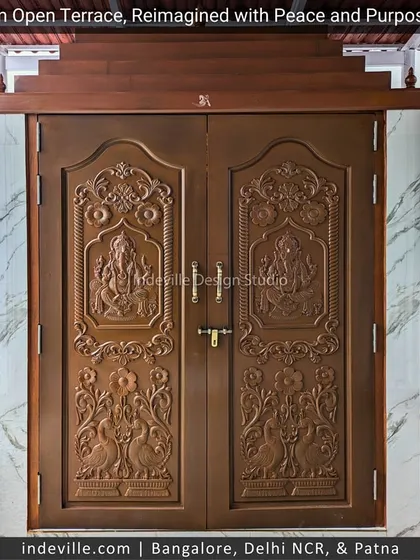 Craftsmanship is at the heart of my work. These intricately carved wooden doors were custom-built for a client's terrace temple, showcasing a deep respect for traditional artistry and creating a truly sacred entrance.