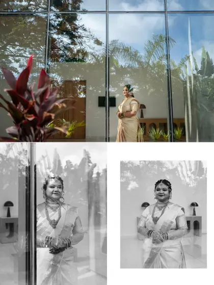 An artistic series of portraits of the bride seen through a glass window. The reflections and black and white tones create a moody and beautiful effect.