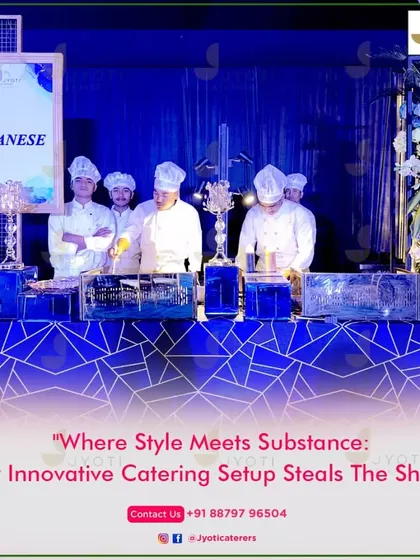 Our chefs stand ready at the 'Japanese' food station, which features a modern, geometric-patterned blue counter and dramatic crystal decor.