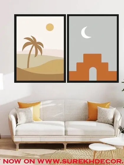 A set of two framed prints depicting a minimalist desert scene. The warm, earthy tones and simple graphics of a palm tree and an arch create a peaceful and stylish diptych.