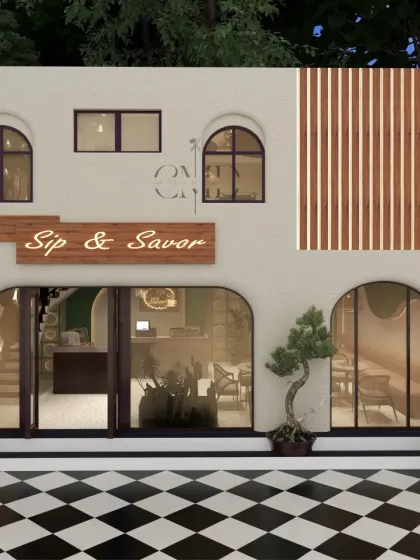 A slightly different render of the cafe's exterior, showcasing the branding and the checkered entryway. The design aims to be inviting from the street, offering a glimpse of the warm and modern interior.