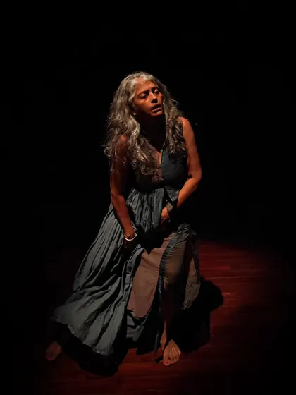 A portrait of desperation from our production of "Medea." The lighting design plays a crucial role in setting the mood and highlighting the emotional turmoil of the characters.