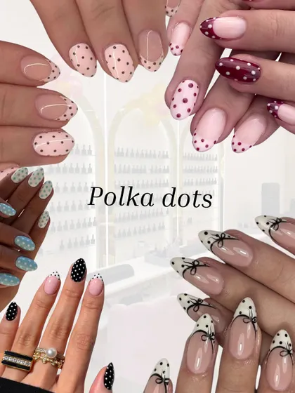 A lookbook of the trendy polka dot nails we can create. Whether you prefer classic black and white, colorful dots, or playful bows, we can customize this fun pattern for you.