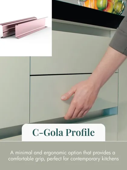 The C-Gola Profile is a minimal and ergonomic option that provides a comfortable grip. It's perfect for contemporary kitchens, offering a sleek look without any protruding handles.