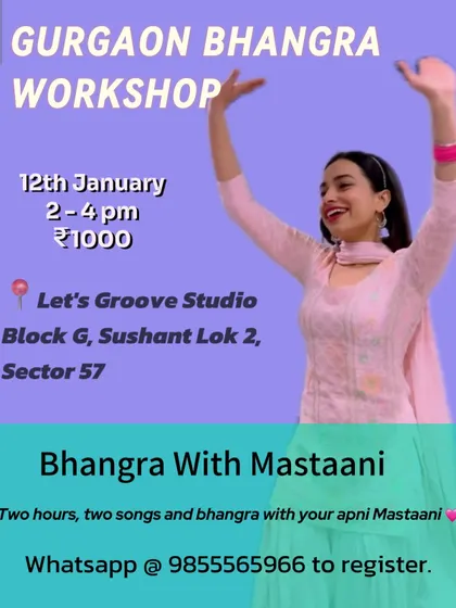 We love hosting guest instructors like Mastaani. This poster gives you all the details for her special "Bhangra with Mastaani" workshop, a two hour session focused on two songs.