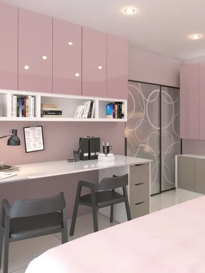 A full view of the daughter's room concept, featuring a large study desk with ample overhead storage, all in a cohesive pink and grey color scheme.