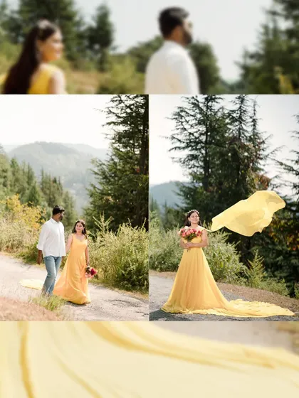 A collage showing the bride in her flowing yellow gown, both walking with her partner and posing alone. This highlights the dress and the beautiful mountain location.