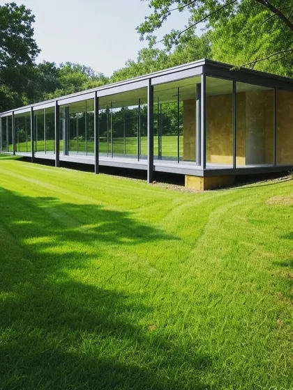 A wide-angle view of a modern glass house, emphasizing its clean lines and transparent connection to the expansive lawn and surrounding trees.