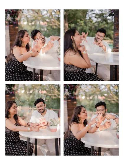 A collage of candid, playful moments between the couple at a cafe table during their pre-wedding shoot, full of laughter and fun.