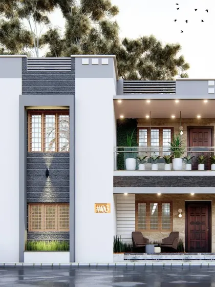 A front elevation design for a two-story home, featuring a simple yet elegant composition. The design includes a covered porch and a first-floor balcony, using a mix of white plaster and grey stone accents.