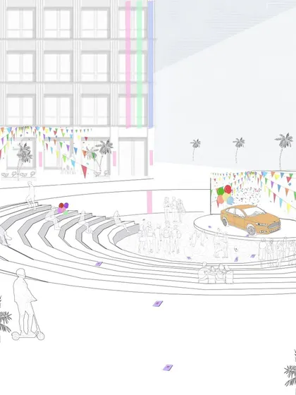 A conceptual sketch of the multi-purpose amphitheater. We designed this versatile public venue to host everything from product launches and live performances to community festivals and sports screenings, making it a true hub for social synergy.