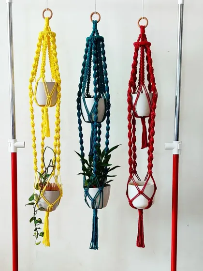 Another view of the colorful two-tiered plant hangers.