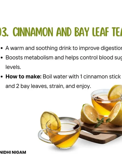 Kickstart your day with these morning drinks to boost energy and improve digestion. This carousel covers the benefits and preparation of Jeera Water, Methidana Water, and Cinnamon and Bay Leaf Tea.