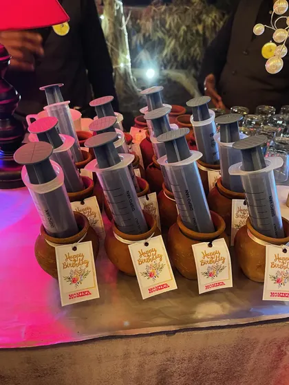 Another angle of the popular syringe shots. This unique presentation method fits my 'Bar Doctor' theme and is always a huge hit at parties.