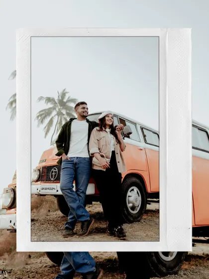 A classic polaroid-style shot of the couple leaning against the van, giving it a nostalgic feel.