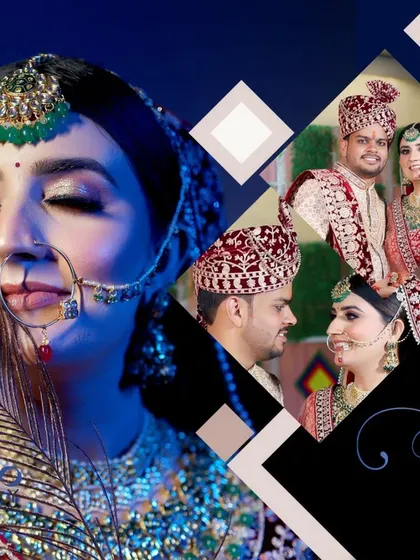 A stunning album cover design featuring an artistic bridal portrait with a peacock feather and modern graphic elements.