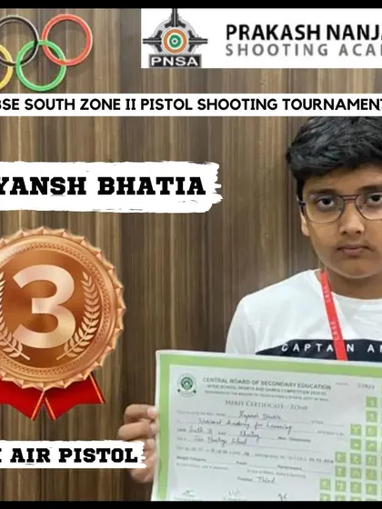 Age is just a number when you have talent and determination. Young shooter Reyansh Bhatia proudly displays his bronze medal and certificate from the CBSE South Zone II Pistol Shooting Tournament.
