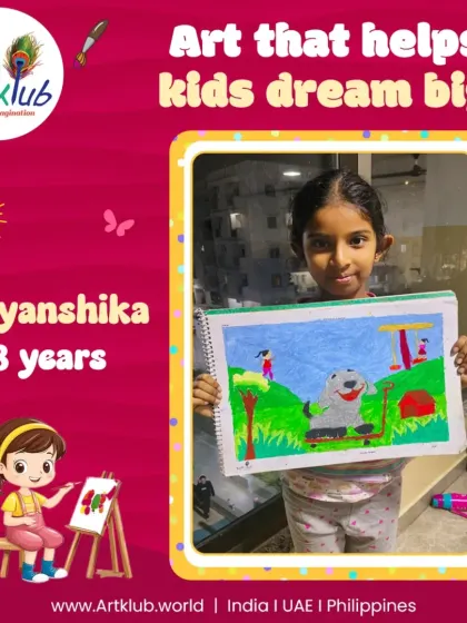 Thiyanshika, age 8, dreams big with her art, creating a fun scene of a dog on a scooter in a park.