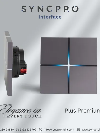 Elegance in every touch. The Plus Premium keypad shows its slim profile and internal components, alongside its front view with a distinctive cross-shaped blue illumination that activates on proximity.