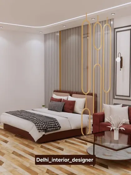 A complete view of the luxurious bedroom concept, including the wardrobe and the seating area. Visualizations like this help clients see the full potential of their space.