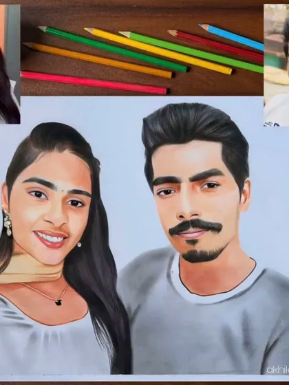 This A3 portrait was created by combining two separate photos into one cohesive drawing. I used colored pencils to blend them together seamlessly, creating a lovely couple portrait.