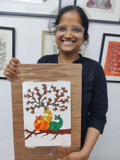 A collection of images from our Gond painting workshop, showing students engaged in the process and their beautiful finished pieces.