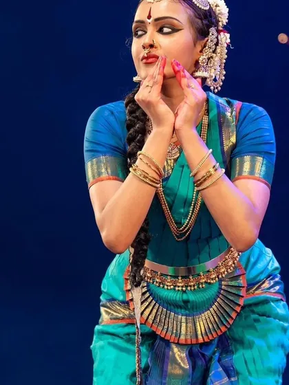 A close-up of Meenakshi's expressive face during her Rangaabhivandane. The ability to convey complex emotions and stories is a key focus of my abhinaya training.