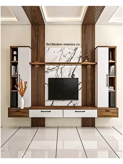Another take on the marble and wood combination, this TV unit uses vertical wood slats to draw the eye upward, making the ceiling feel higher. The floating design enhances the sense of space in the room.