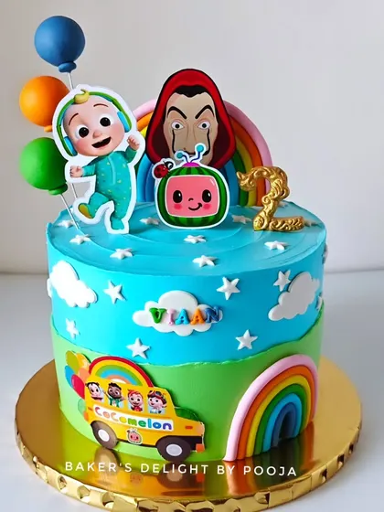 A full view of the Cocomelon-meets-Money-Heist cake. It's a testament to creating something truly unique that reflects a child's eclectic tastes.