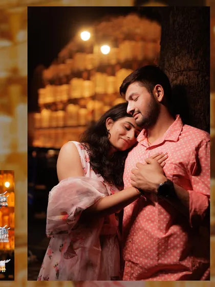 An intimate and tender moment captured during a night shoot in Jaipur. The warm lighting of the background creates a romantic glow as the couple shares a quiet embrace, showcasing the softer side of a royal pre-wedding story.