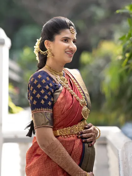 Rubiya, glowing for her Seemantha. She requested a very simple, skin-finish makeup look, and she looked stunning.