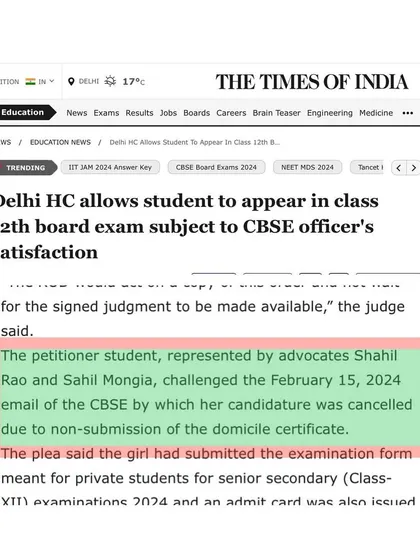 The Times of India highlighted my representation of the student petitioner in the case against the CBSE. We successfully argued that the student had submitted the required documents and should not be penalized.