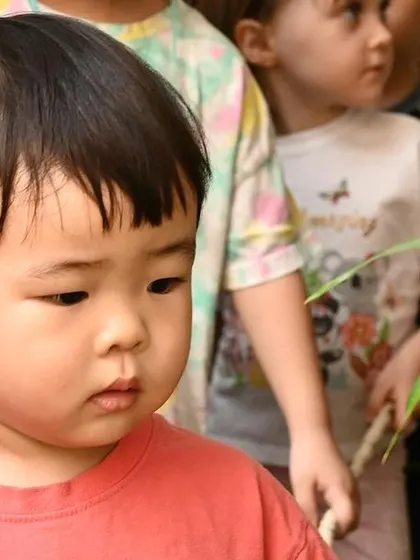 A close-up of a child's thoughtful expression as he takes in the sights and sounds of the nursery.