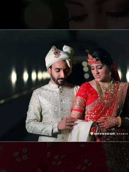 A beautiful collage showcasing the couple in their traditional wedding attire, capturing the grace and elegance of their special day.