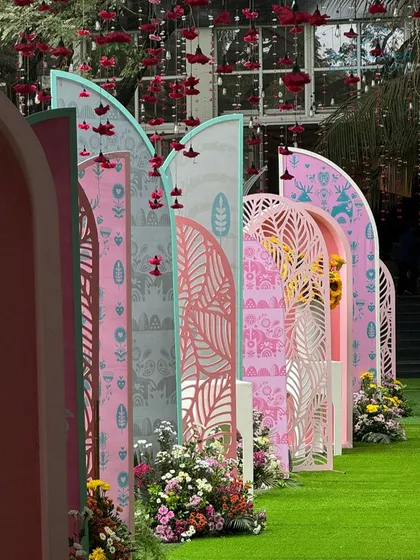 A close-up of the custom-printed and laser-cut panels that lined the entrance pathway.