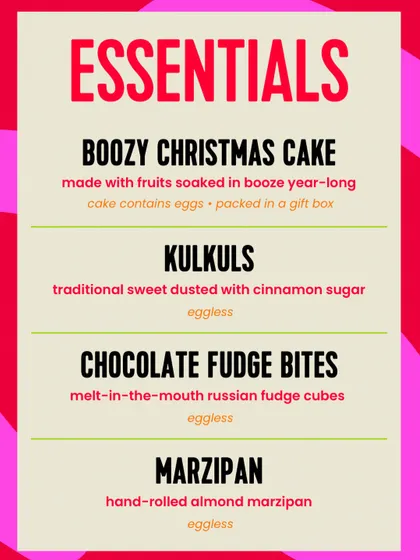 These are my Christmas essentials. The boozy cake contains eggs, but the kulkuls, chocolate fudge, and marzipan are all eggless.