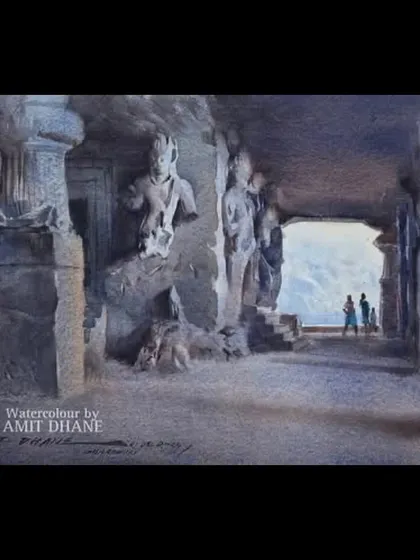 My award winning painting, "Timeless Beauty," which received the 'Kalanand' All India Grant. This piece, depicting the interior of the Elephanta Caves, is a tribute to our magnificent sculptural heritage.