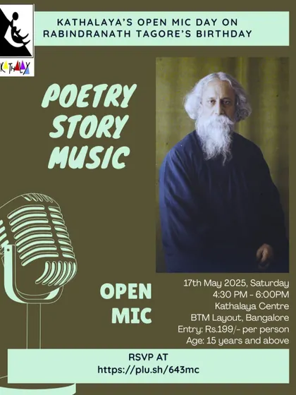 A variation of the Tagore Open Mic poster. These events are about creating a homely, pleasant evening to reminisce and share in our collective cultural heritage.
