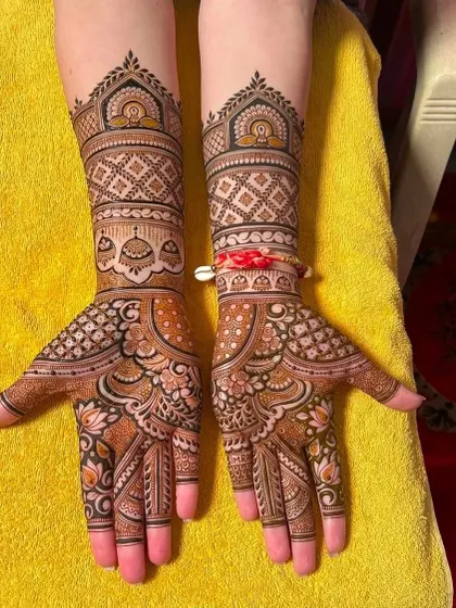 A traditional Indian mehndi design with bell (ghanti) motifs and checkerboard patterns. The symmetry and clean lines make this a timeless choice for any celebration.