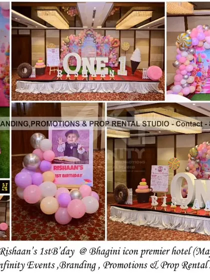 A sweet celebration for a first birthday with our candy theme at Bhagini Icon Premier Hotel. The stage is filled with pastel colors, giant candy props, a "ONE" table, and a personalized milestone board.