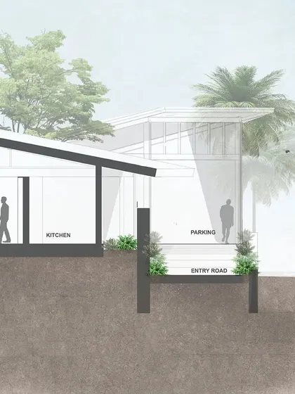 This section drawing of the waterfront house illustrates how the internal volume is designed for natural ventilation. A heightened southern wall with planting mitigates solar radiation, while the north side opens to the view.