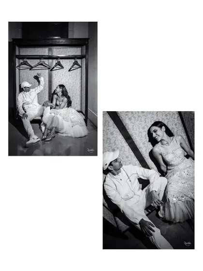 A creative black and white collage from the after-party, where the couple poses playfully in a custom wardrobe setup.