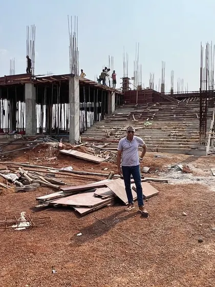 I am on site at the school in Rajnandgaon, Chhattisgarh, during its early construction phase. This project is deeply important to me, as it embodies my philosophy of incorporating nature and interactive green spaces into educational architecture.