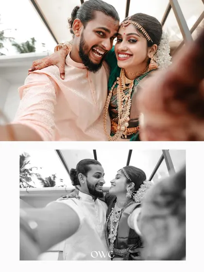 A fun and modern selfie-style collage of a couple on their wedding day.